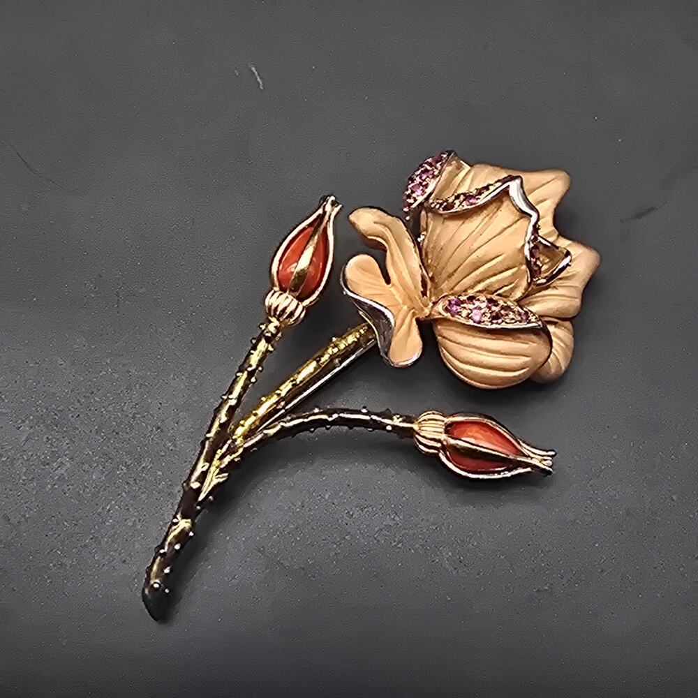 Ross Simons Sterling Silver Rose Brooch Pink Rhinestones Enamel